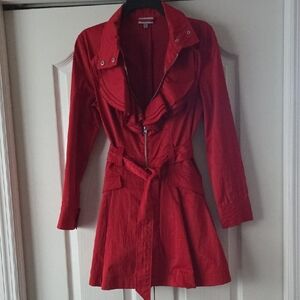 Elegant Red Trench Coat with Ruffle Detail